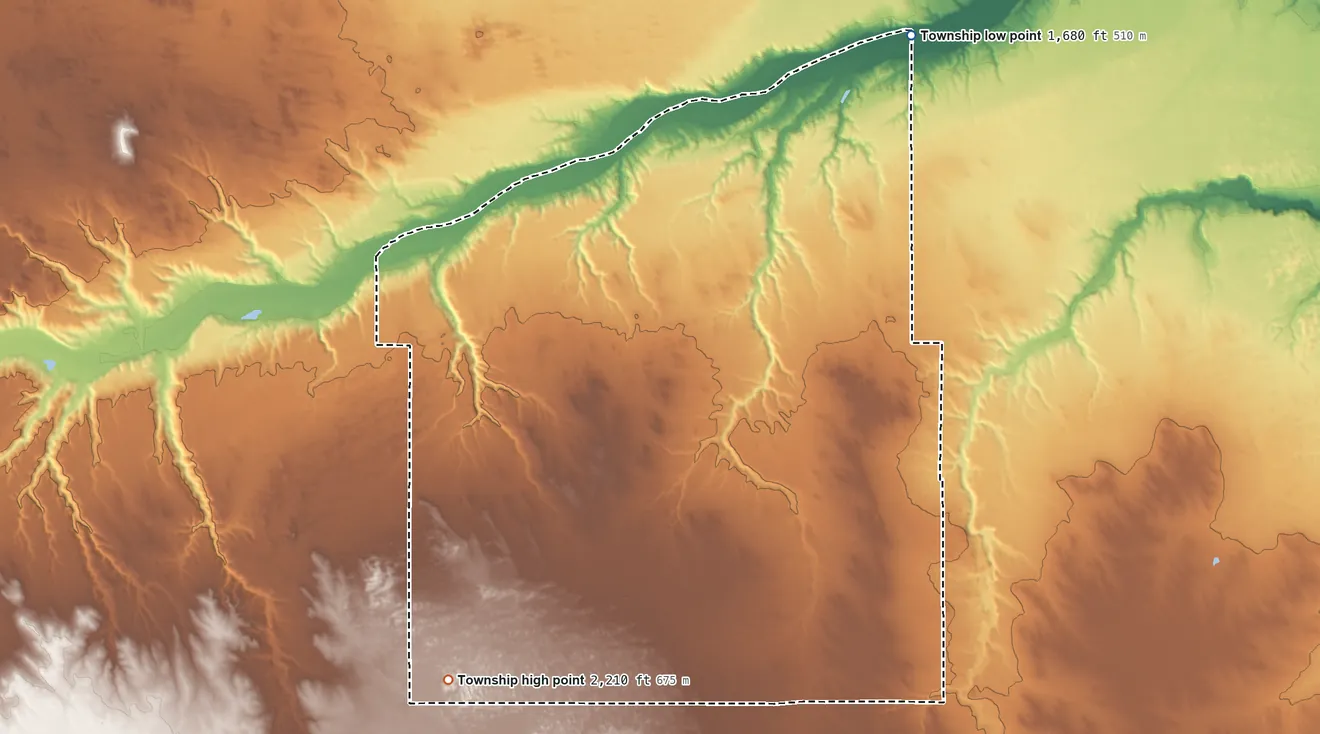 Topographic elevation map of Cleveland Township, Holt County, Nebraska, shaded from 1,680 ft on the north side to 2,210 ft on the west side