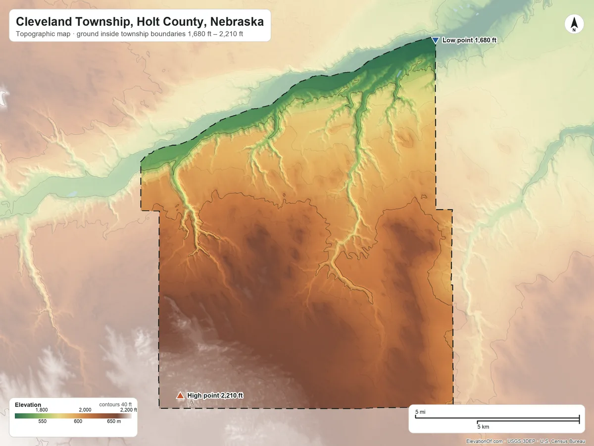 Topographic elevation map of Cleveland Township, Holt County, Nebraska, shaded from 1,680 ft on the north side to 2,210 ft on the west side