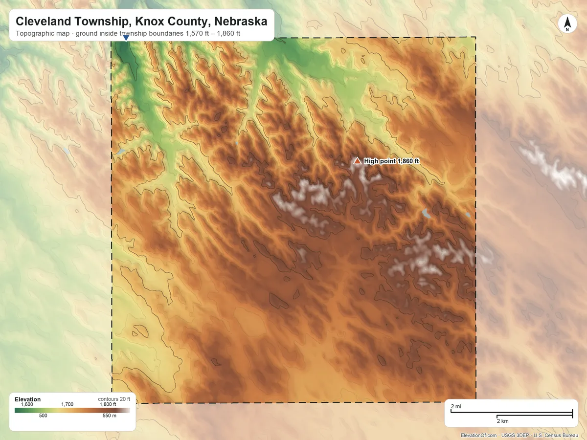 Topographic elevation map of Cleveland Township, Knox County, Nebraska, shaded from 1,570 ft on the northwest side to 1,860 ft on the north side