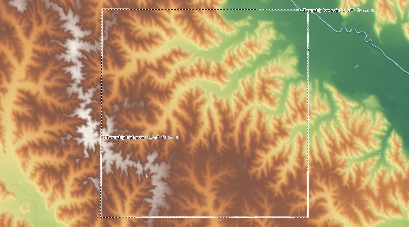 Topographic elevation map of Cleveland Township, Nebraska, shaded from 1,300 ft on the northeast side to 1,540 ft on the west side