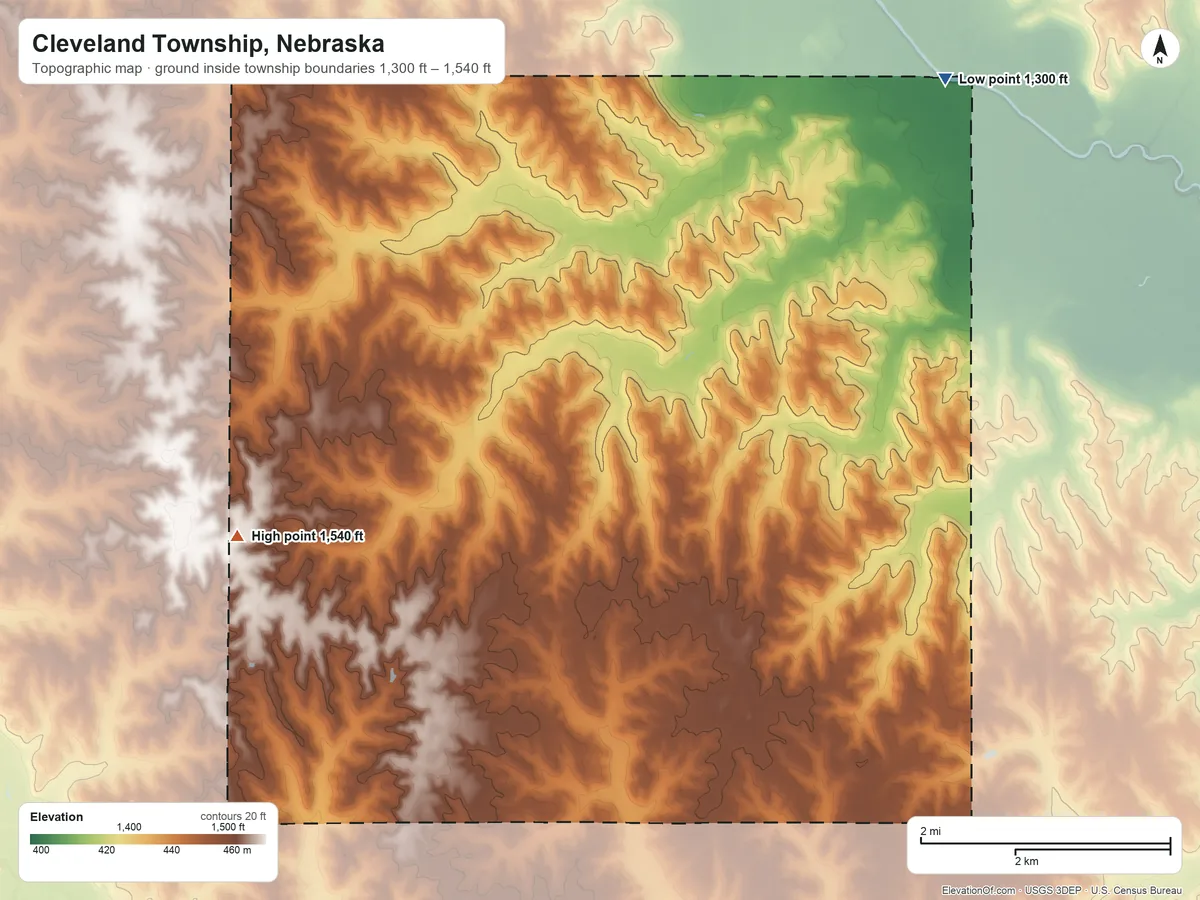 Topographic elevation map of Cleveland Township, Nebraska, shaded from 1,300 ft on the northeast side to 1,540 ft on the west side