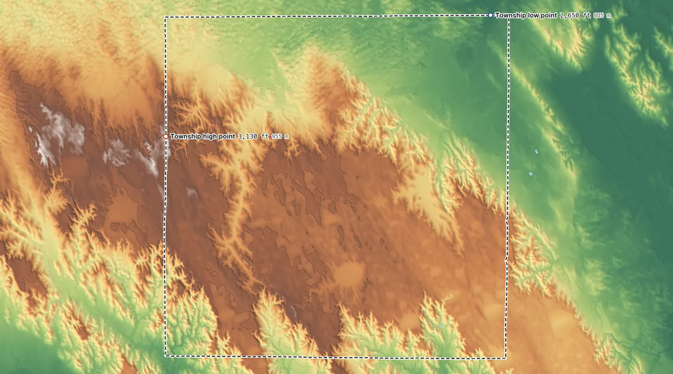 Topographic elevation map of Cliff Township, Nebraska, shaded from 2,650 ft on the northeast side to 3,130 ft on the northwest side