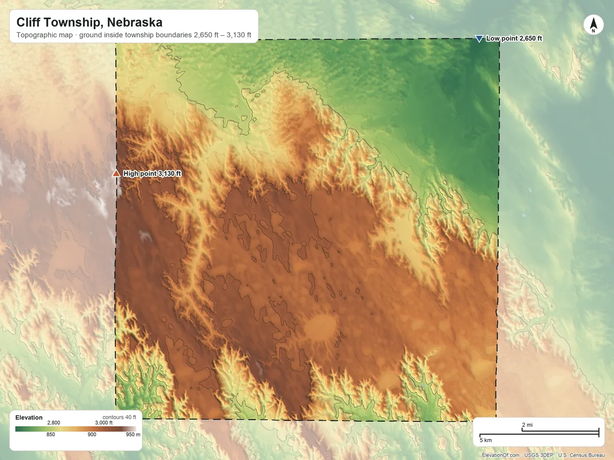 Topographic elevation map of Cliff Township, Nebraska, shaded from 2,650 ft on the northeast side to 3,130 ft on the northwest side