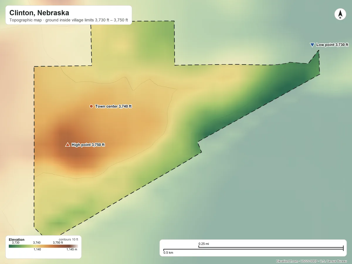 Topographic elevation map of Clinton, Nebraska, shaded from 3,730 ft on the east side to 3,750 ft on the southwest side