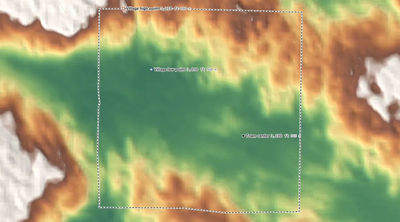 Topographic elevation map of Cody, Nebraska, shaded from 3,090 ft on the northwest side to 3,210 ft on the northwest side