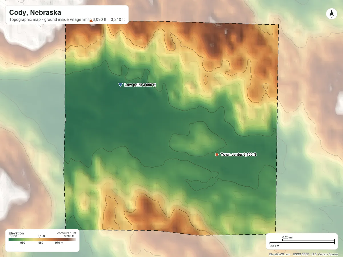 Topographic elevation map of Cody, Nebraska, shaded from 3,090 ft on the northwest side to 3,210 ft on the northwest side
