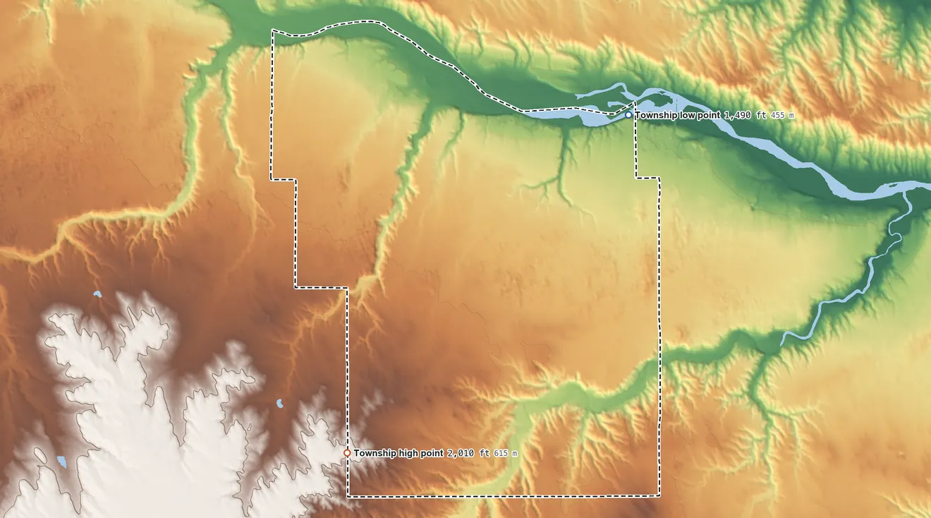 Topographic elevation map of Coleman Township, Nebraska, shaded from 1,490 ft on the northeast side to 2,010 ft on the southwest side