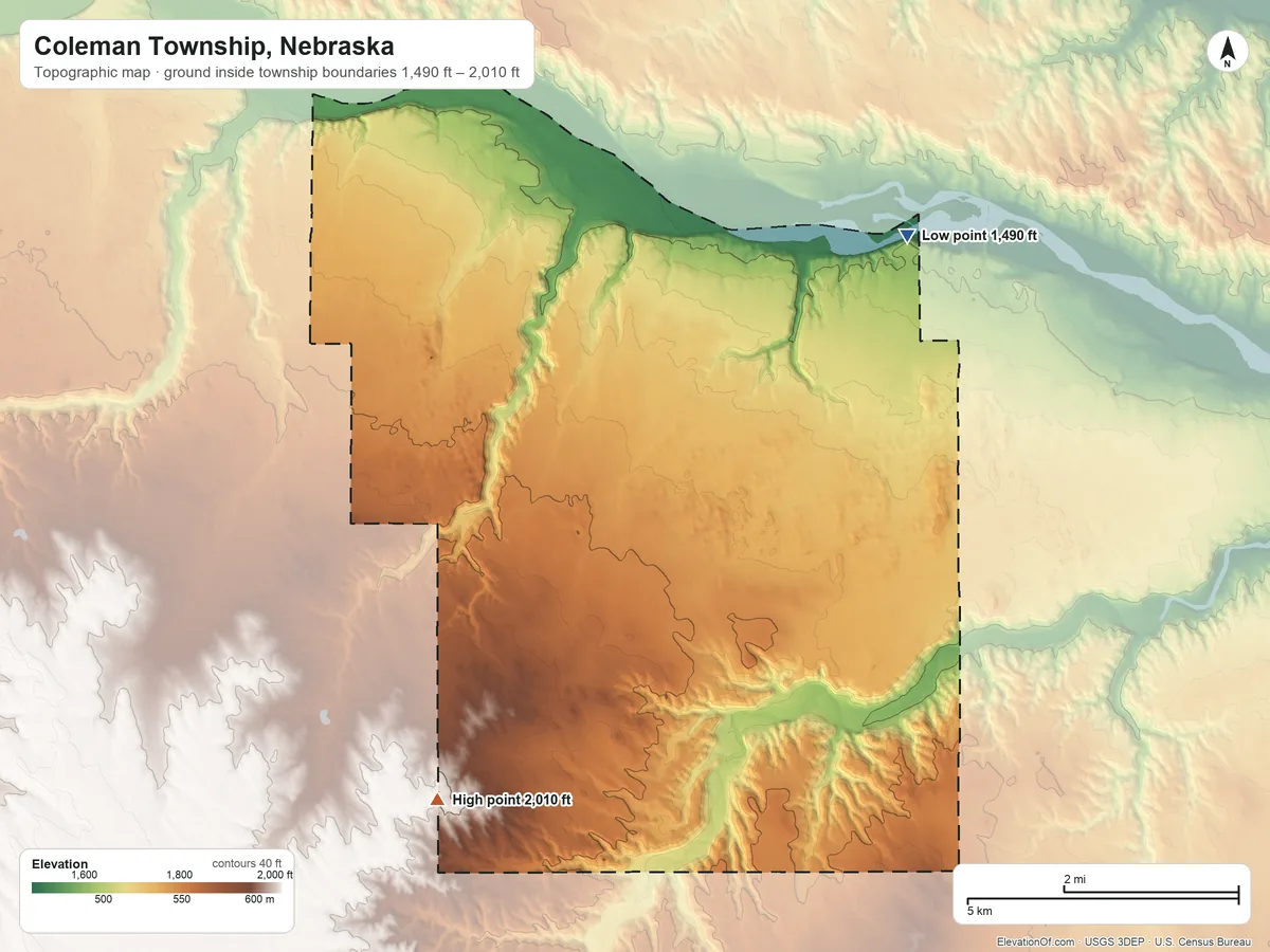Topographic elevation map of Coleman Township, Nebraska, shaded from 1,490 ft on the northeast side to 2,010 ft on the southwest side