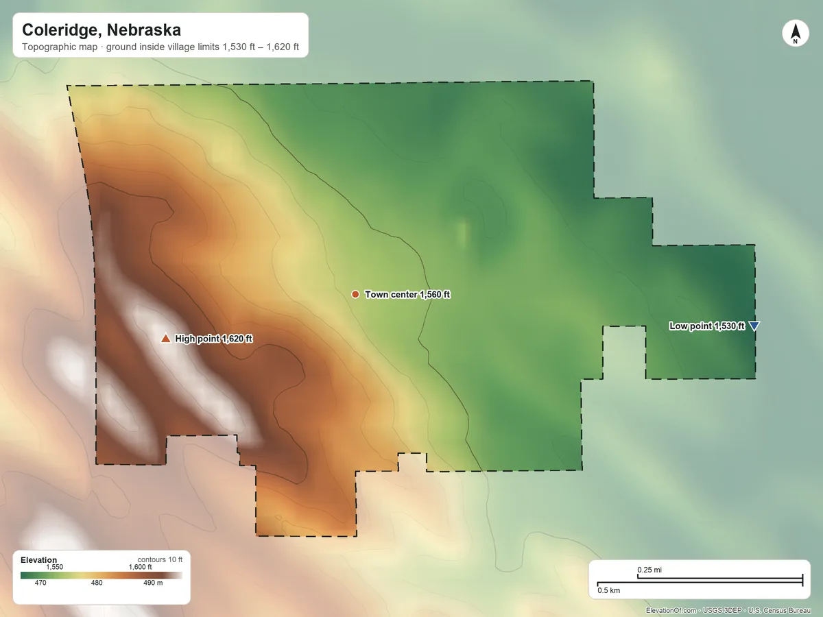 Topographic elevation map of Coleridge, Nebraska, shaded from 1,530 ft on the east side to 1,620 ft on the west side