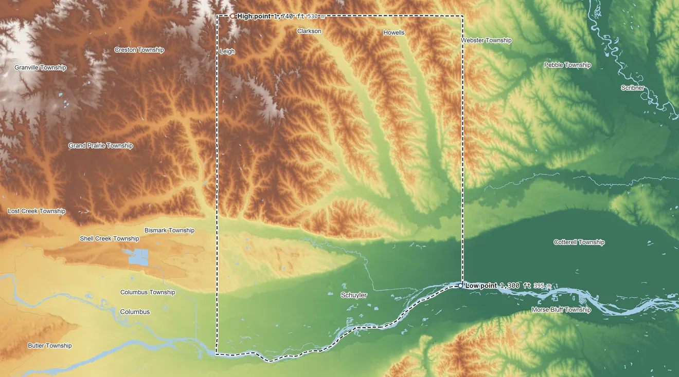 Topographic elevation map of Colfax County, Nebraska, shaded from 1,300 ft on the southeast side to 1,740 ft on the northwest side