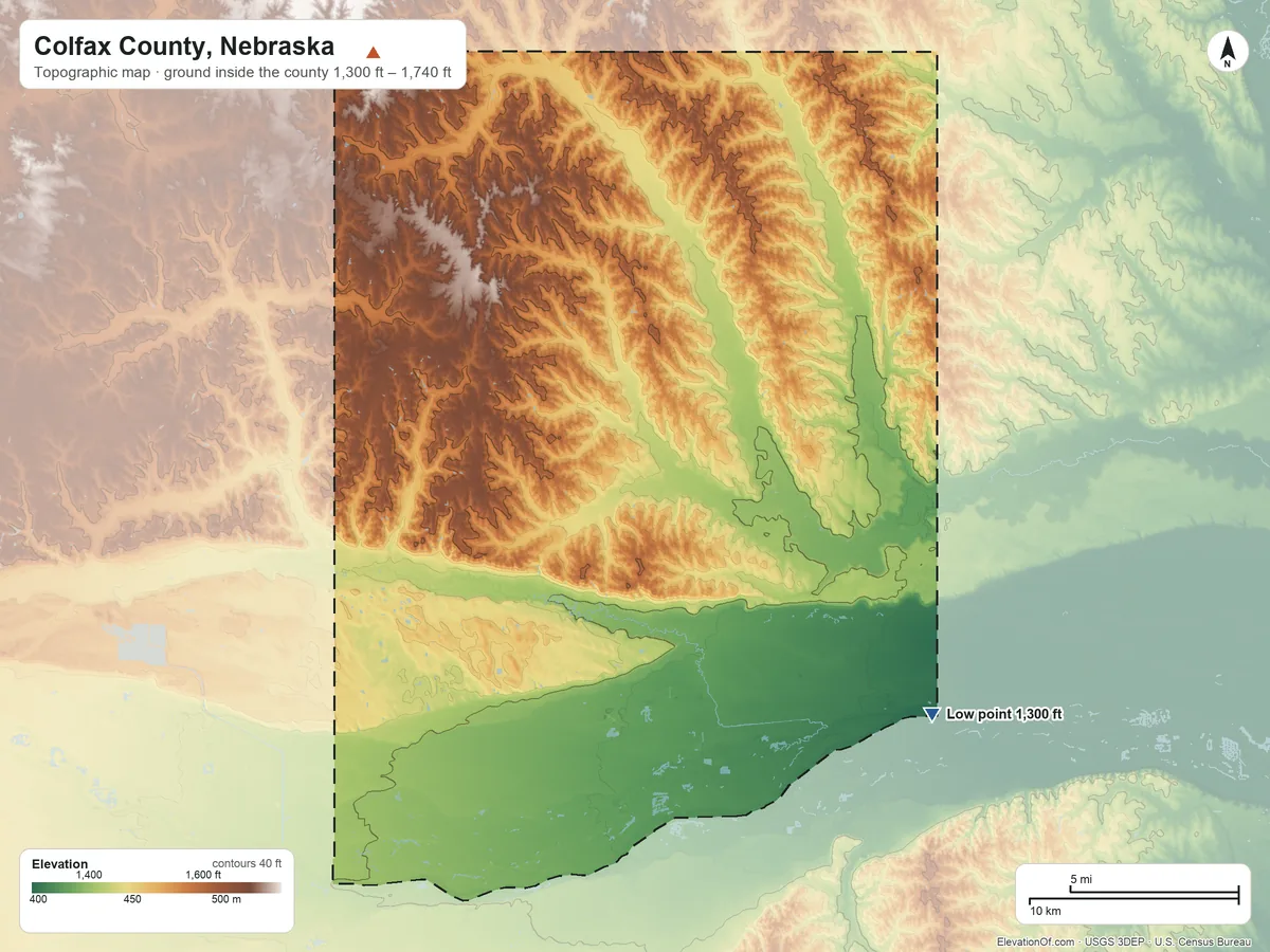 Topographic elevation map of Colfax County, Nebraska, shaded from 1,300 ft on the southeast side to 1,740 ft on the northwest side