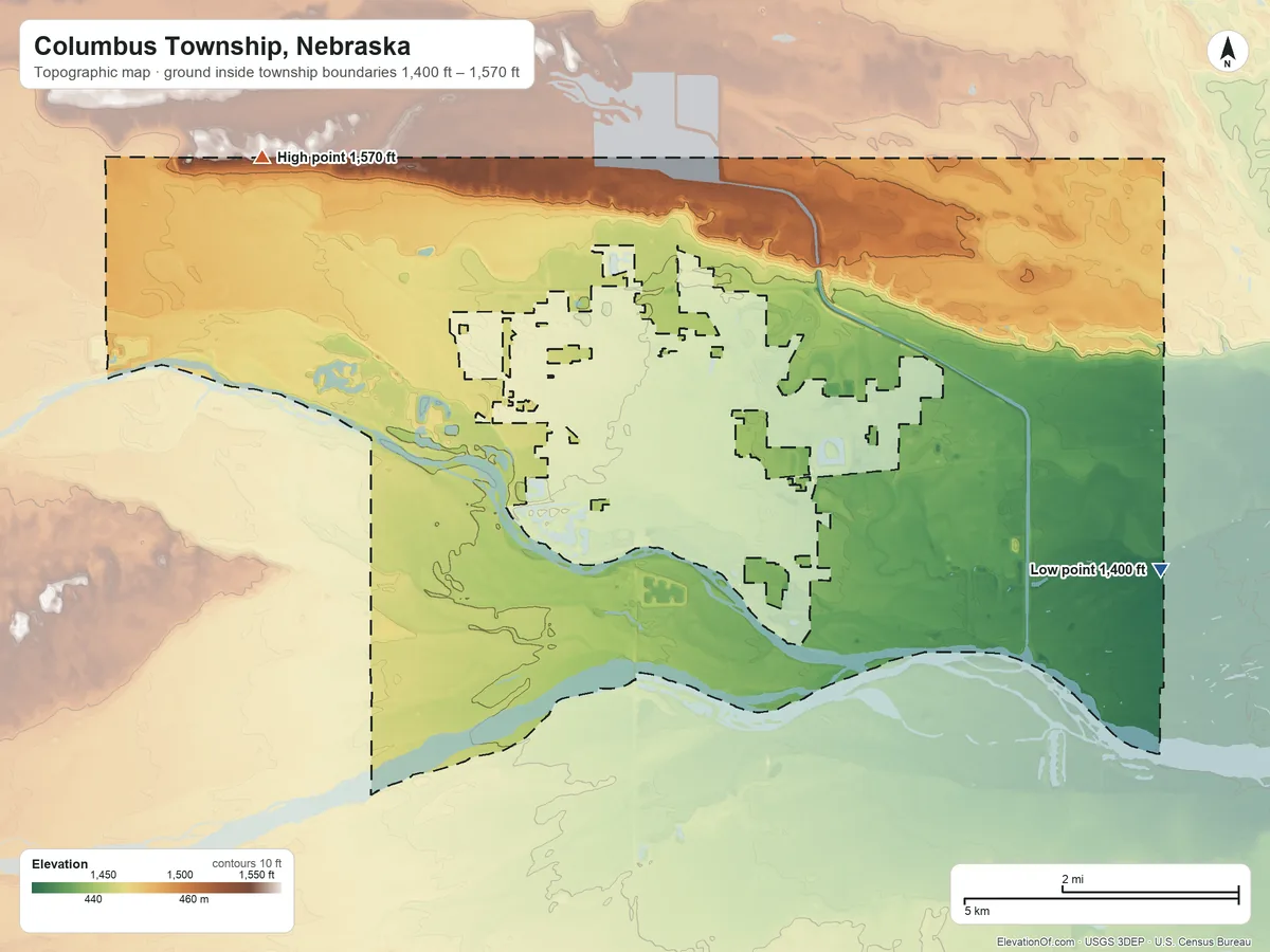 Topographic elevation map of Columbus Township, Nebraska, shaded from 1,400 ft on the southeast side to 1,570 ft on the northwest side