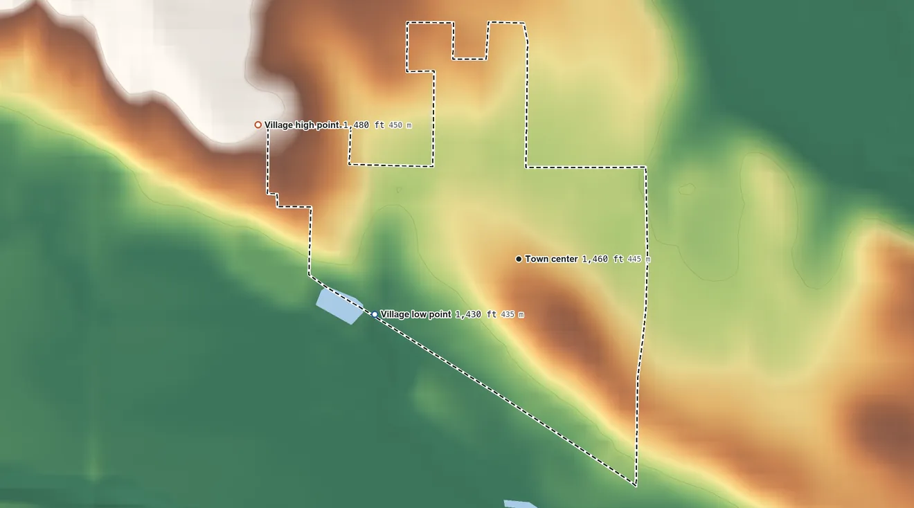 Topographic elevation map of Concord, Nebraska, shaded from 1,430 ft on the west side to 1,480 ft on the northwest side