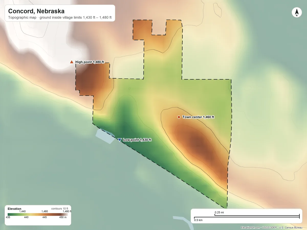 Topographic elevation map of Concord, Nebraska, shaded from 1,430 ft on the west side to 1,480 ft on the northwest side