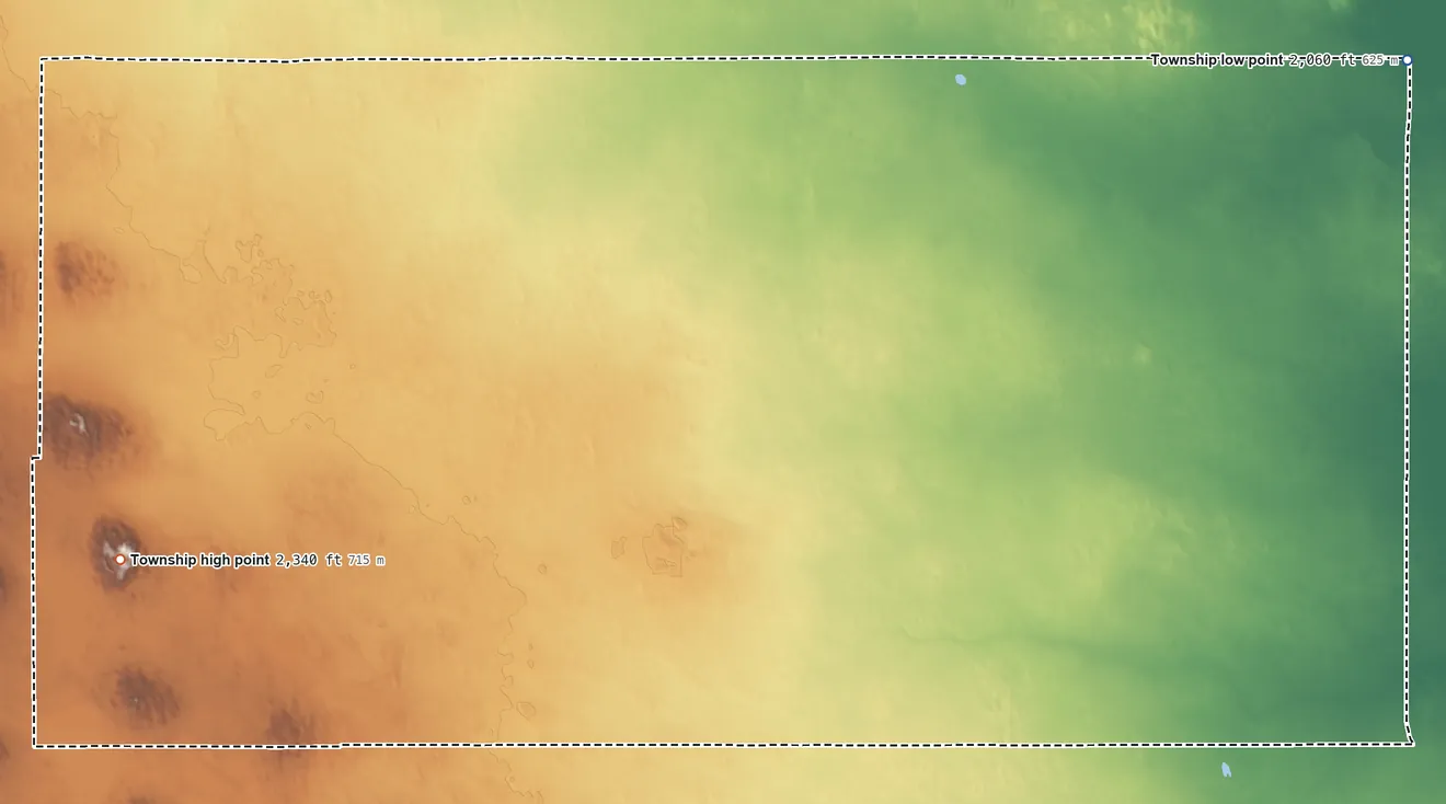Topographic elevation map of Conley Township, Nebraska, shaded from 2,060 ft on the east side to 2,340 ft on the southwest side