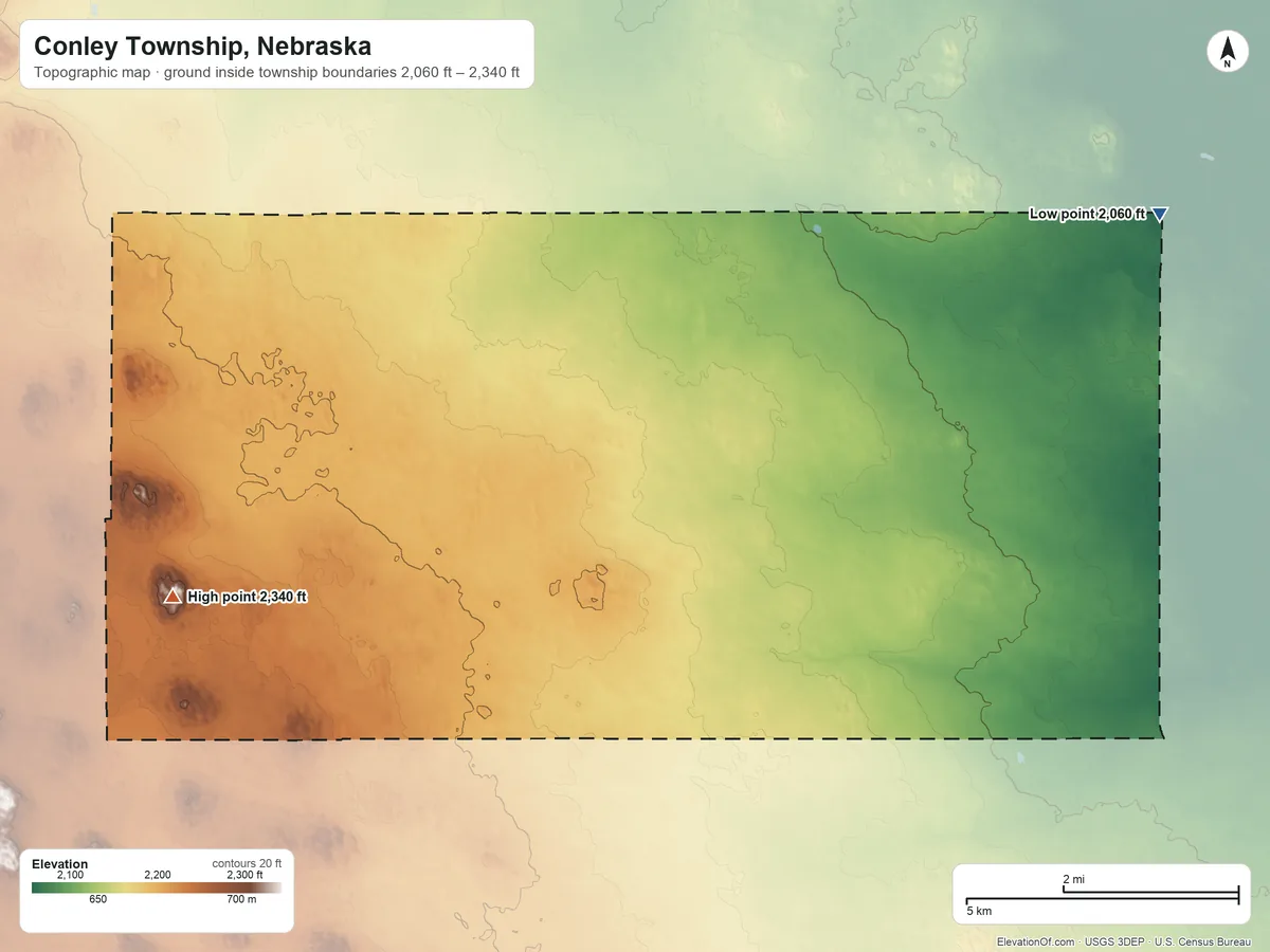 Topographic elevation map of Conley Township, Nebraska, shaded from 2,060 ft on the east side to 2,340 ft on the southwest side