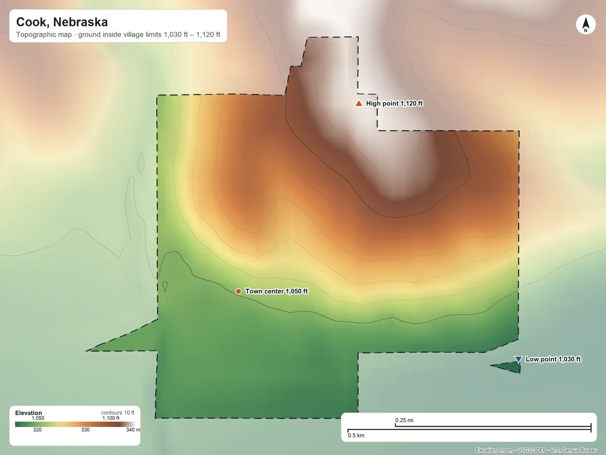 Topographic elevation map of Cook, Nebraska, shaded from 1,030 ft on the east side to 1,120 ft on the northeast side