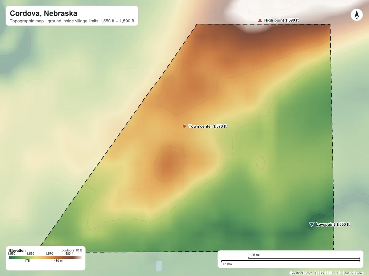 Topographic elevation map of Cordova, Nebraska, shaded from 1,550 ft on the southeast side to 1,590 ft on the northeast side