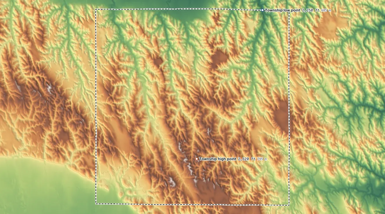 Topographic elevation map of Corner Township, Nebraska, shaded from 2,250 ft on the northeast side to 2,620 ft on the south side