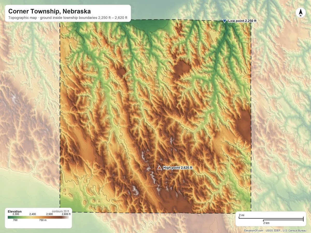 Topographic elevation map of Corner Township, Nebraska, shaded from 2,250 ft on the northeast side to 2,620 ft on the south side