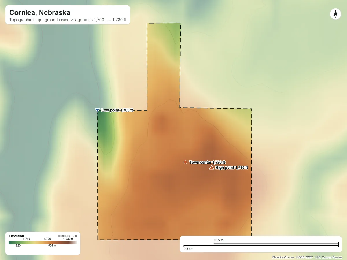 Topographic elevation map of Cornlea, Nebraska, shaded from 1,700 ft on the northwest side to 1,730 ft on the east side