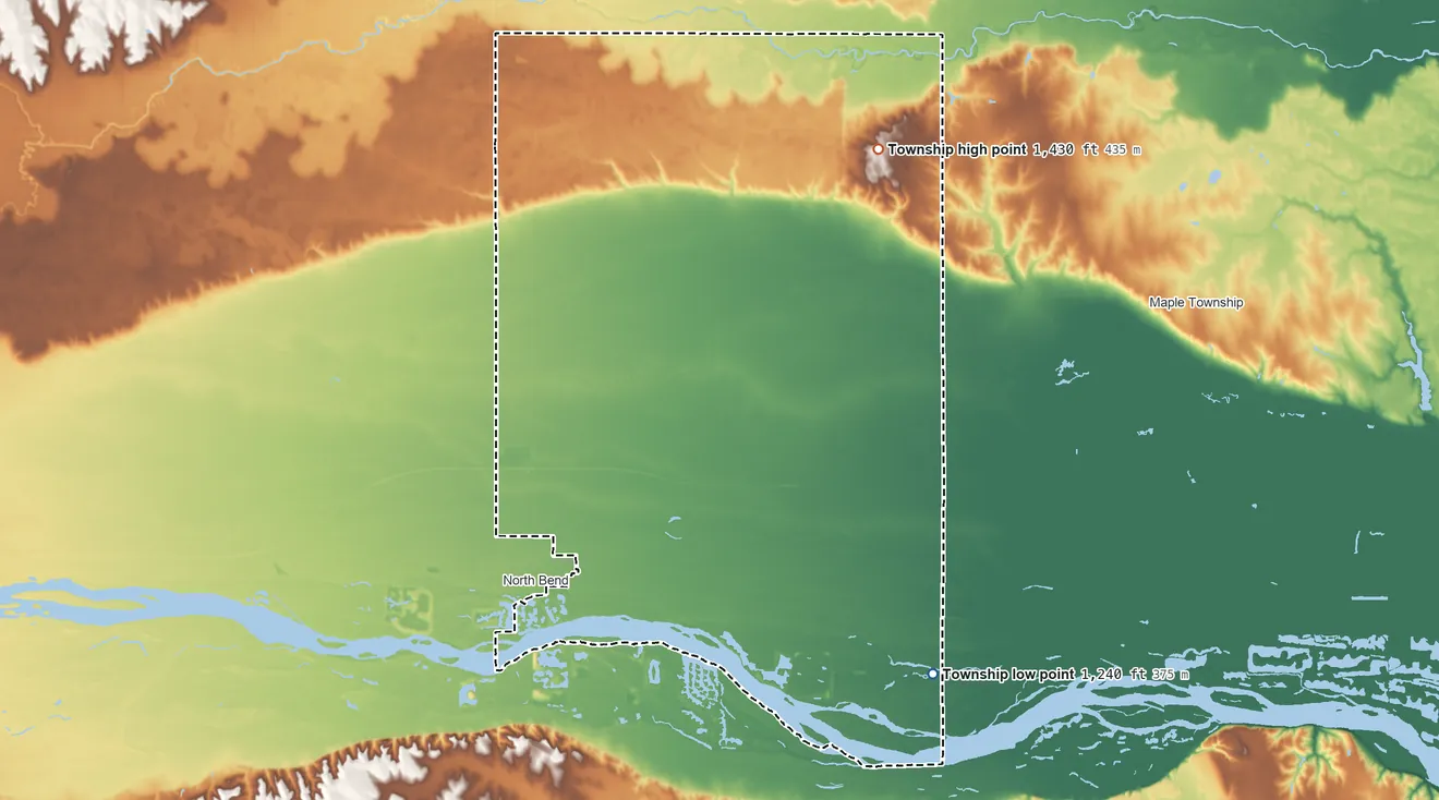 Topographic elevation map of Cotterell Township, Nebraska, shaded from 1,240 ft on the southeast side to 1,430 ft on the northeast side