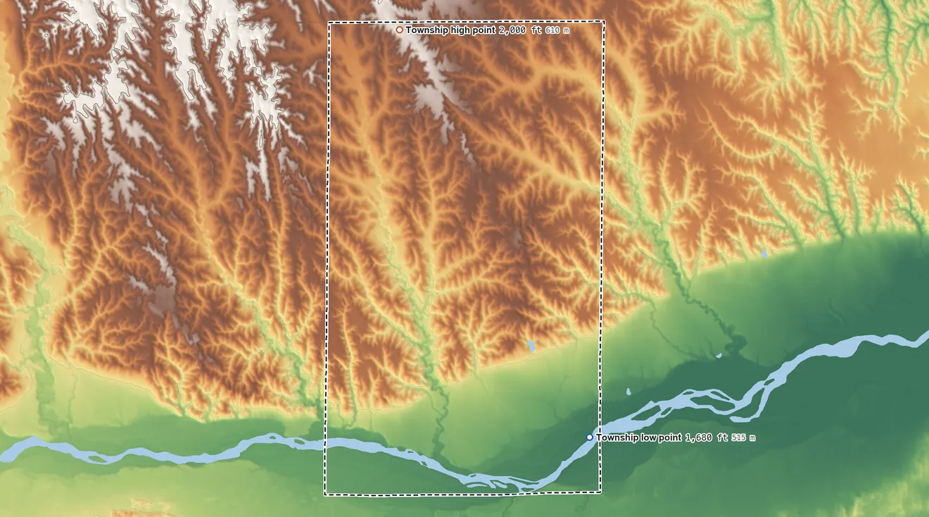 Topographic elevation map of Cottonwood Township, Nebraska, shaded from 1,680 ft on the southeast side to 2,000 ft on the north side
