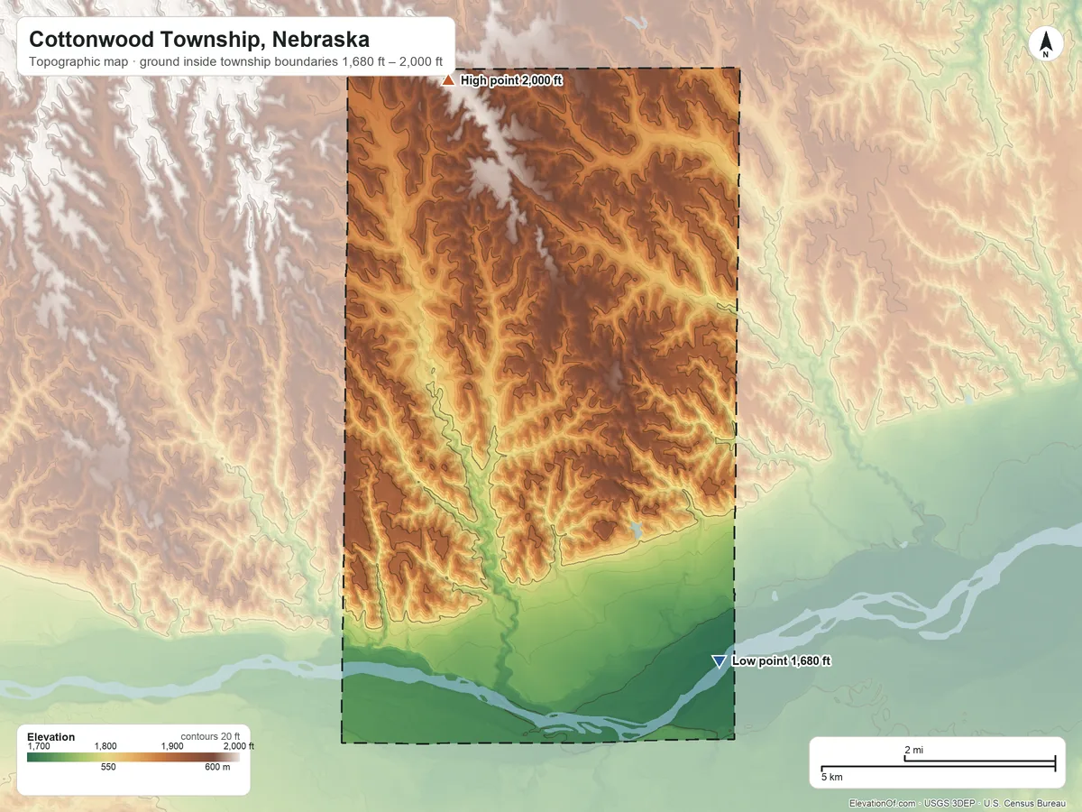 Topographic elevation map of Cottonwood Township, Nebraska, shaded from 1,680 ft on the southeast side to 2,000 ft on the north side