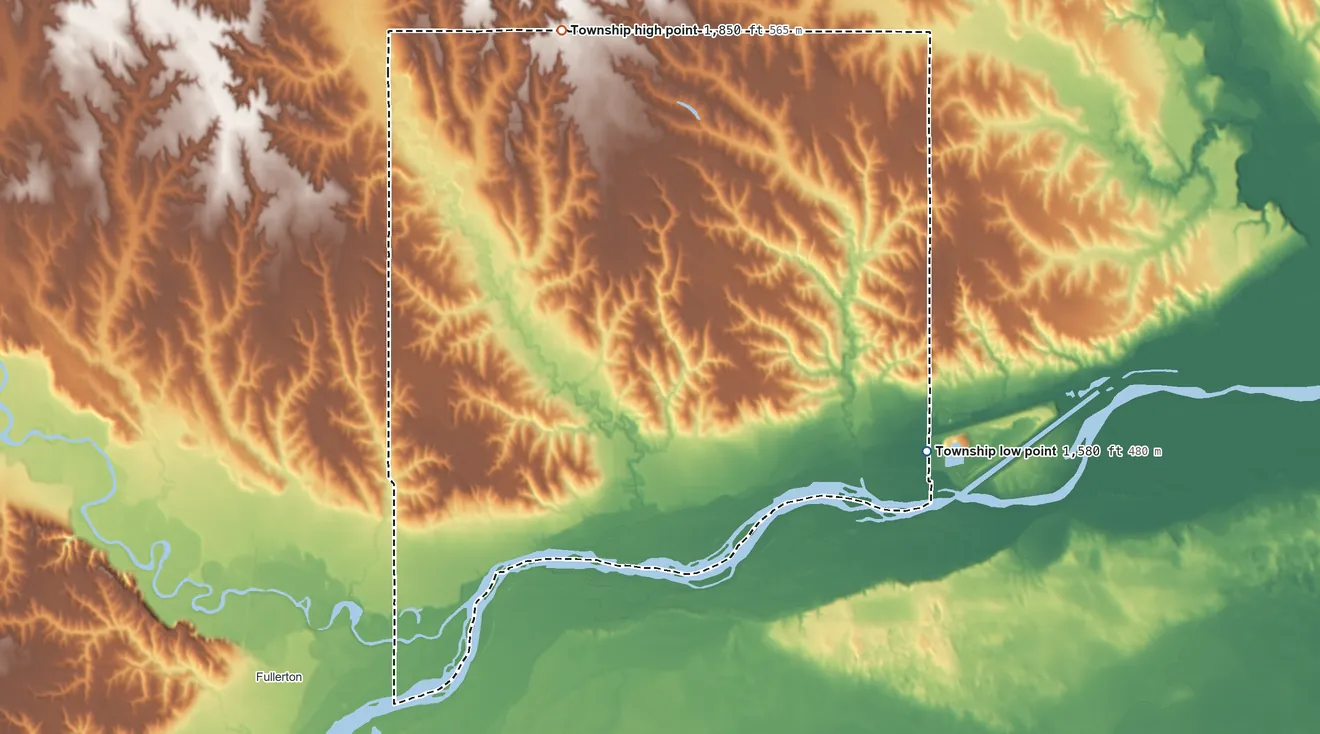 Topographic elevation map of Council Creek Township, Nebraska, shaded from 1,580 ft on the southeast side to 1,850 ft on the northwest side