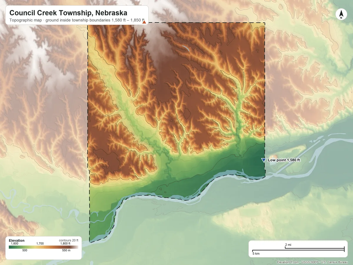 Topographic elevation map of Council Creek Township, Nebraska, shaded from 1,580 ft on the southeast side to 1,850 ft on the northwest side