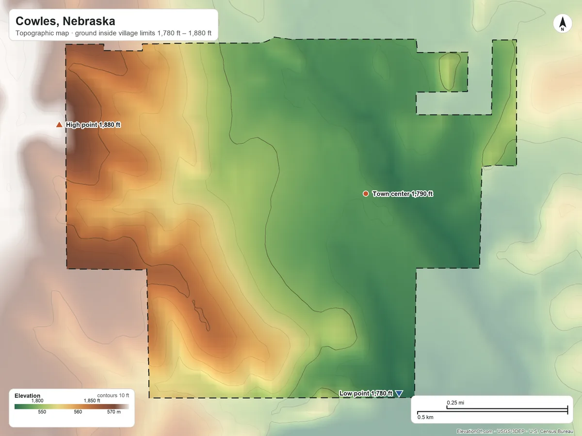 Topographic elevation map of Cowles, Nebraska, shaded from 1,780 ft on the south side to 1,880 ft on the west side