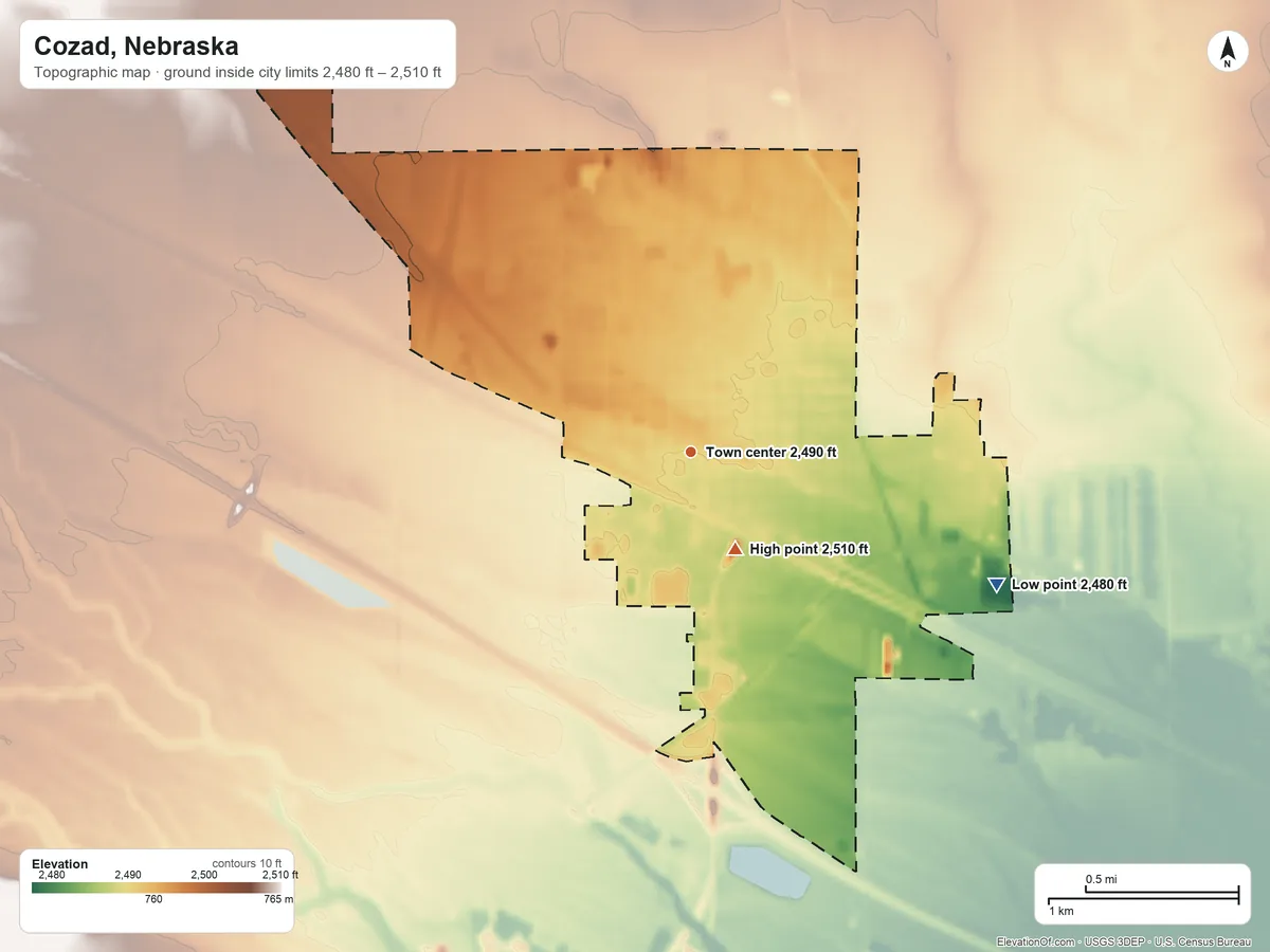 Topographic elevation map of Cozad, Nebraska, shaded from 2,480 ft on the southeast side to 2,510 ft near the middle