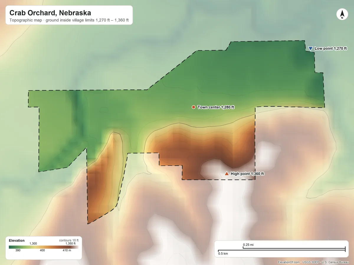 Topographic elevation map of Crab Orchard, Nebraska, shaded from 1,270 ft on the northeast side to 1,360 ft on the southeast side