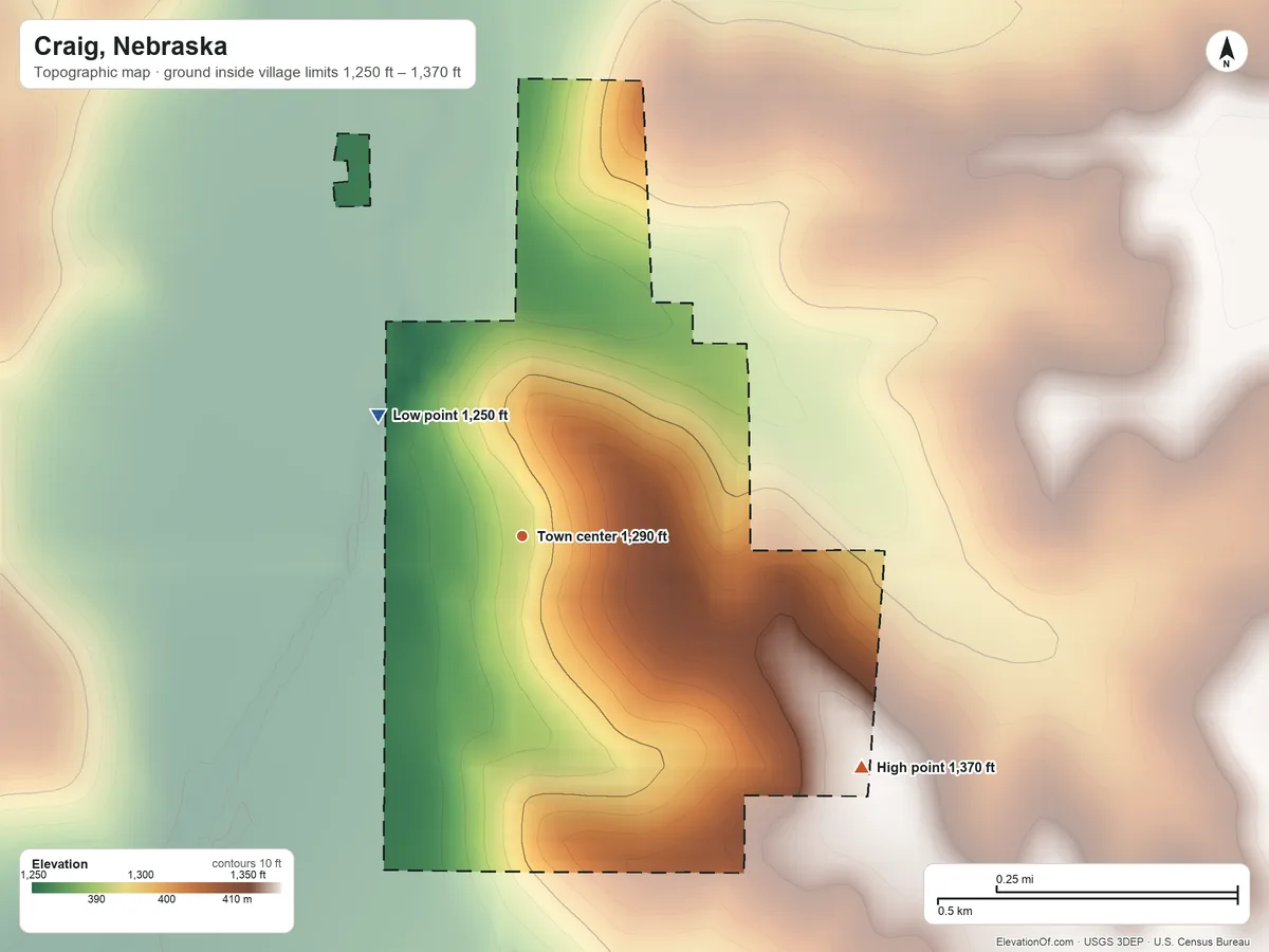 Topographic elevation map of Craig, Nebraska, shaded from 1,250 ft on the northwest side to 1,370 ft on the southeast side