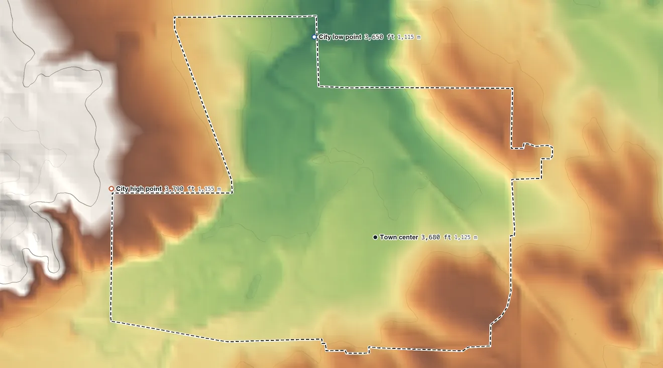 Topographic elevation map of Crawford, Nebraska, shaded from 3,650 ft on the north side to 3,790 ft on the west edge, below higher ground just outside