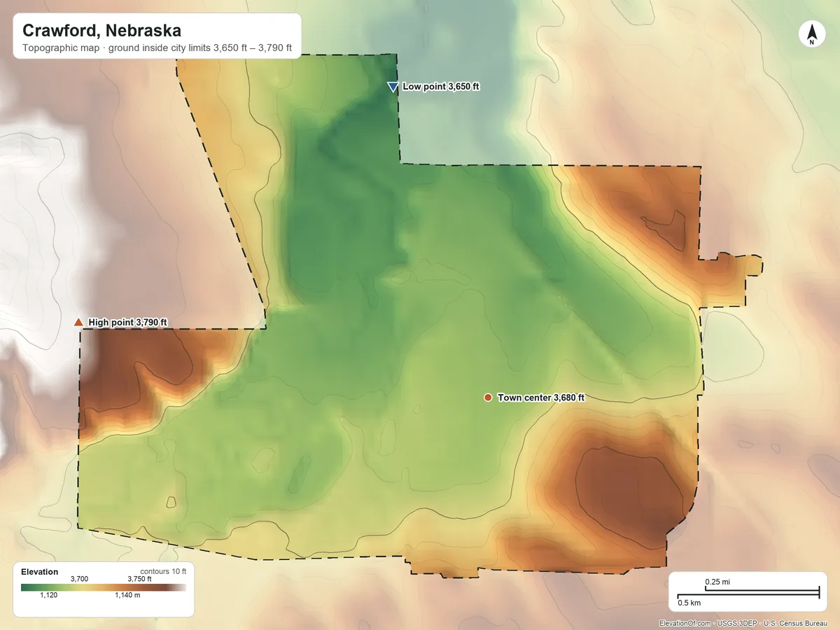 Topographic elevation map of Crawford, Nebraska, shaded from 3,650 ft on the north side to 3,790 ft on the west edge, below higher ground just outside