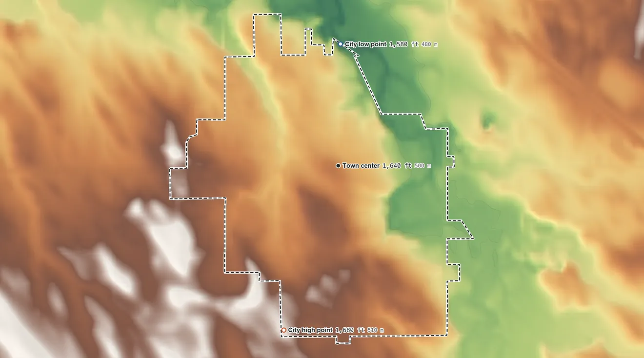 Topographic elevation map of Creighton, Nebraska, shaded from 1,580 ft on the north side to 1,680 ft on the south side