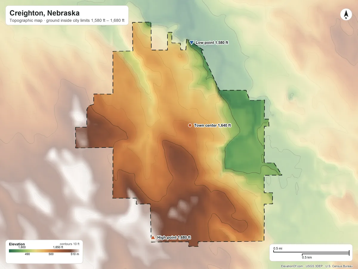 Topographic elevation map of Creighton, Nebraska, shaded from 1,580 ft on the north side to 1,680 ft on the south side
