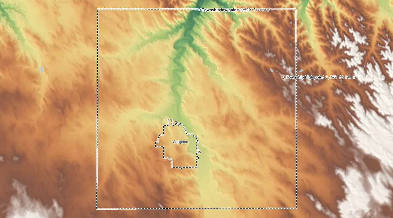 Topographic elevation map of Creighton Township, Nebraska, shaded from 1,520 ft on the north side to 1,770 ft on the east side