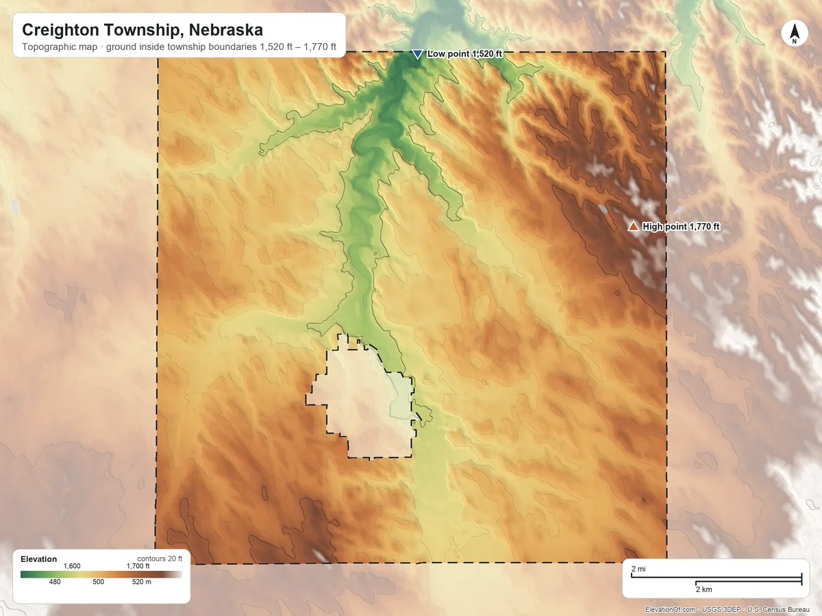Topographic elevation map of Creighton Township, Nebraska, shaded from 1,520 ft on the north side to 1,770 ft on the east side