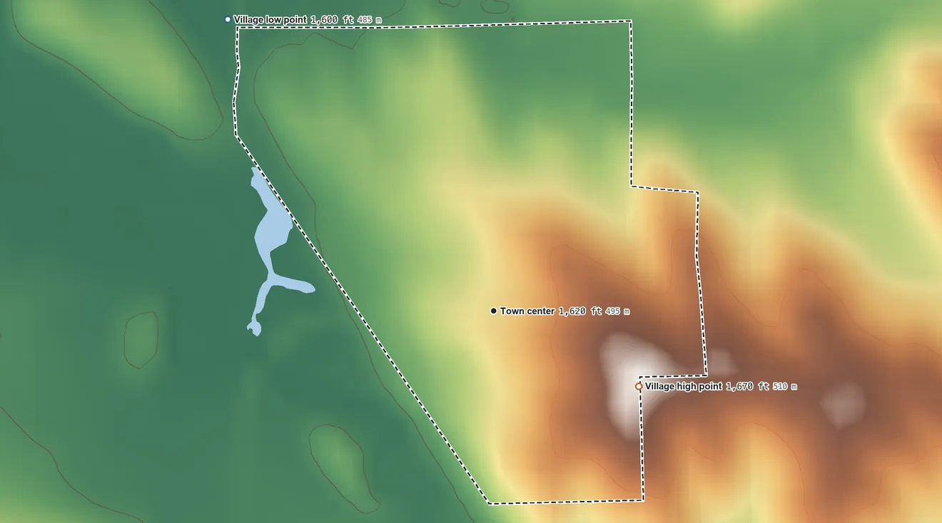 Topographic elevation map of Creston, Nebraska, shaded from 1,600 ft on the northwest side to 1,670 ft on the southeast side