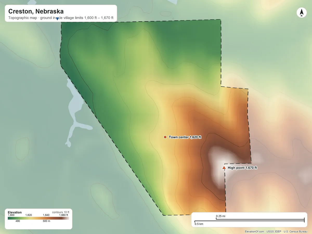 Topographic elevation map of Creston, Nebraska, shaded from 1,600 ft on the northwest side to 1,670 ft on the southeast side