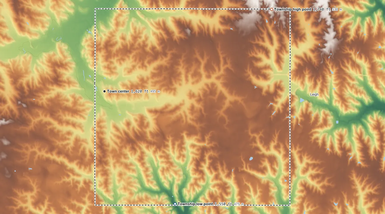 Topographic elevation map of Creston Township, Nebraska, shaded from 1,550 ft on the southeast side to 1,740 ft on the northeast side