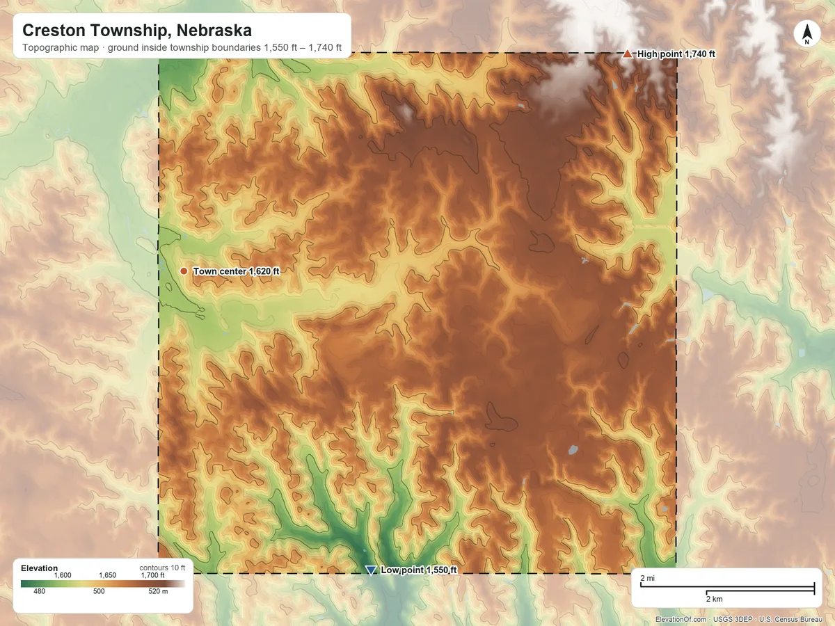 Topographic elevation map of Creston Township, Nebraska, shaded from 1,550 ft on the southeast side to 1,740 ft on the northeast side