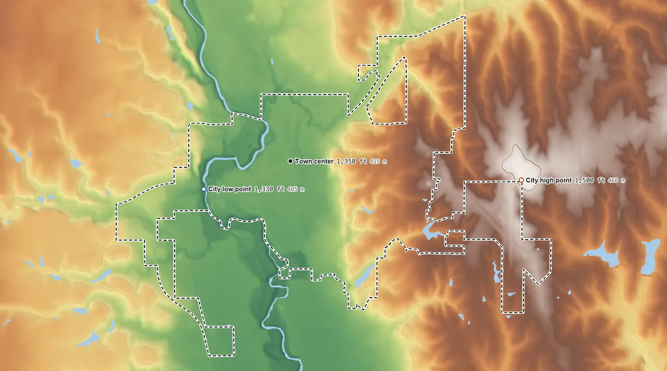 Topographic elevation map of Crete, Nebraska, shaded from 1,330 ft on the west side to 1,500 ft on the east side