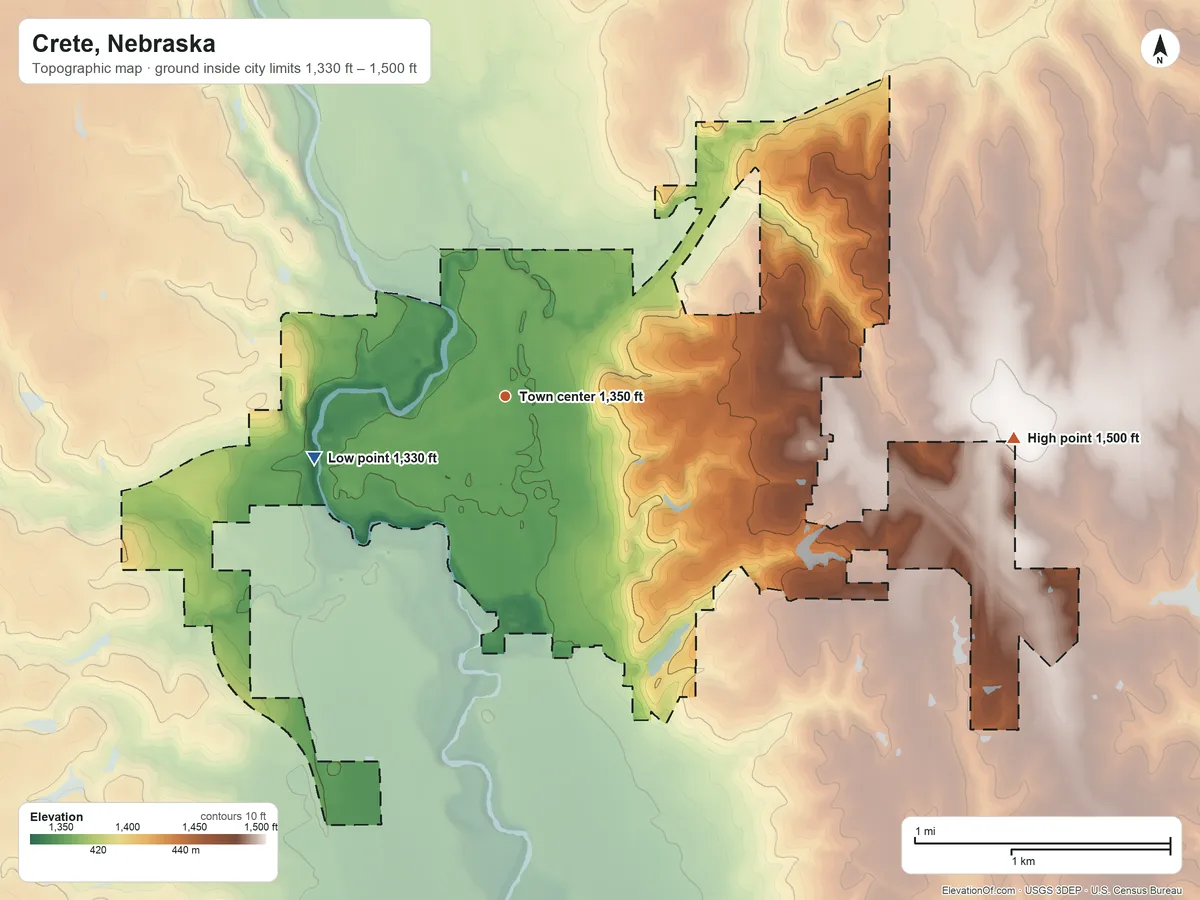 Topographic elevation map of Crete, Nebraska, shaded from 1,330 ft on the west side to 1,500 ft on the east side