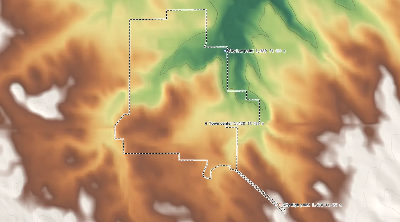 Topographic elevation map of Crofton, Nebraska, shaded from 1,380 ft on the north side to 1,470 ft on the southeast side