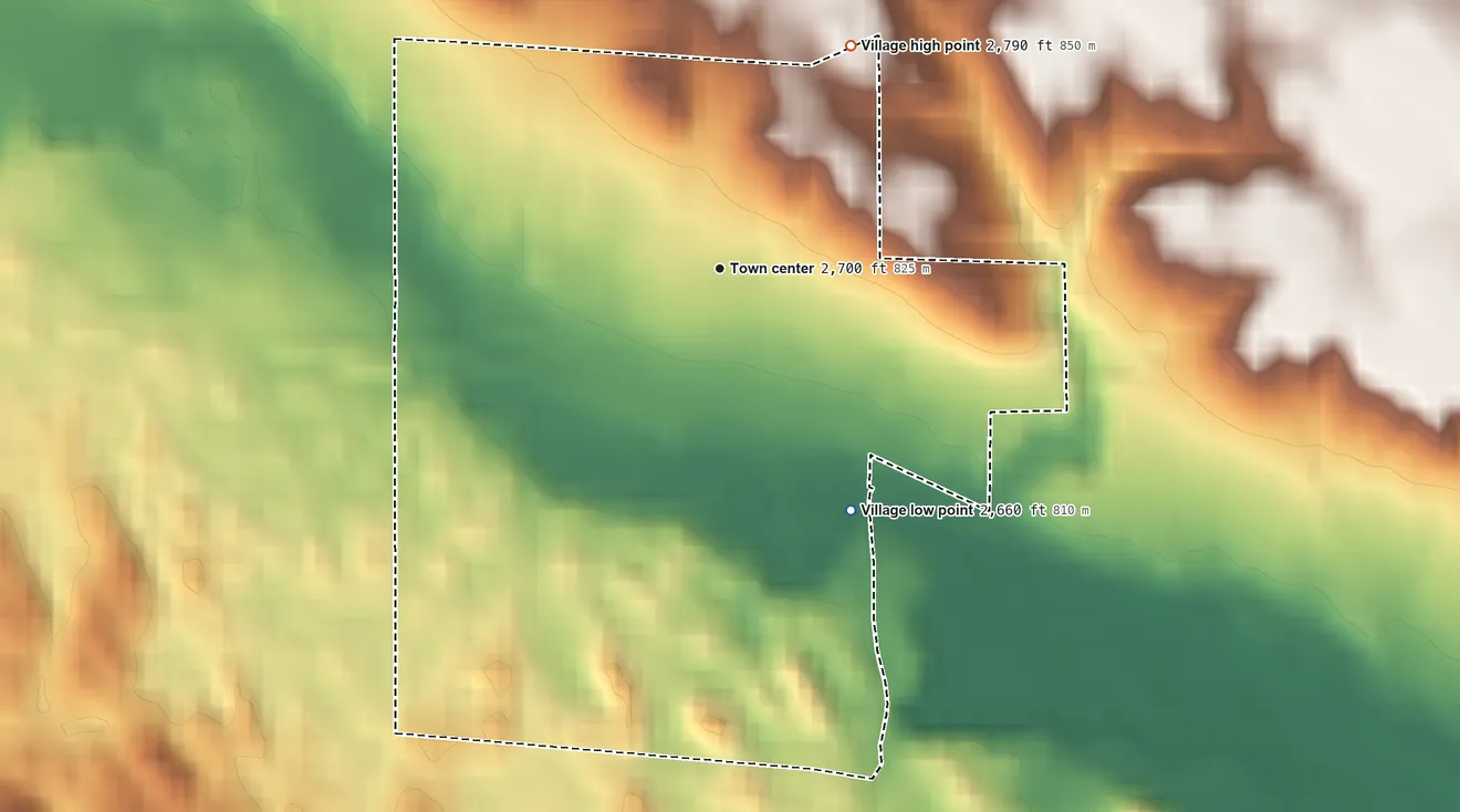 Topographic elevation map of Crookston, Nebraska, shaded from 2,660 ft on the southeast side to 2,790 ft on the northeast side