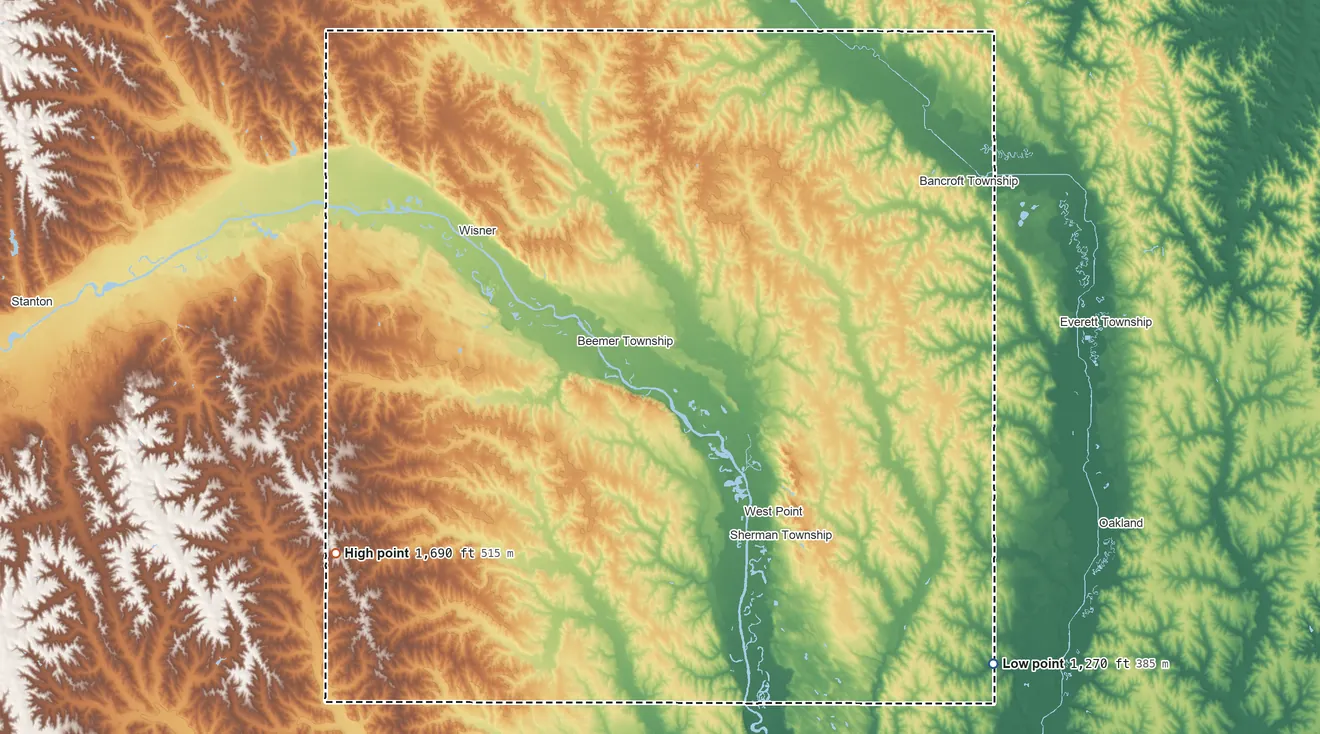 Topographic elevation map of Cuming County, Nebraska, shaded from 1,270 ft on the southeast side to 1,690 ft on the southwest side