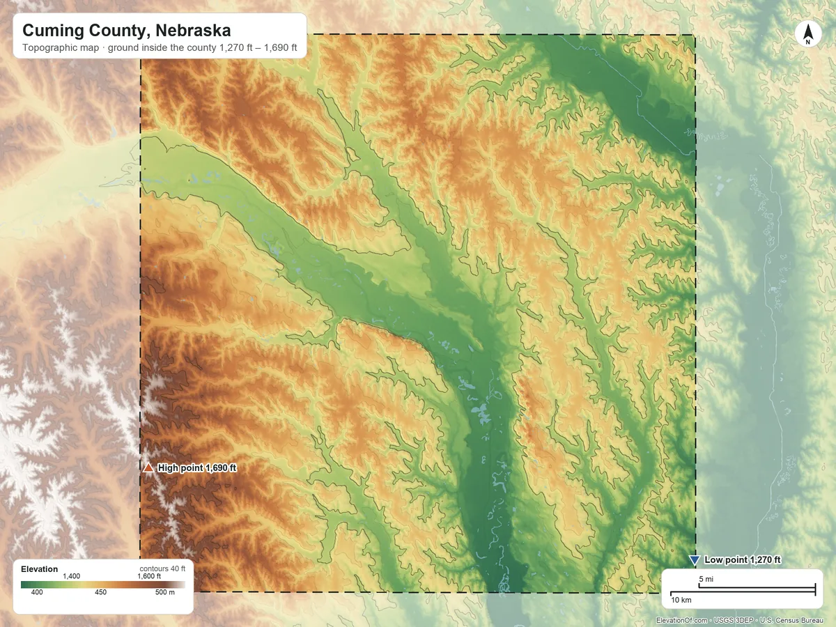 Topographic elevation map of Cuming County, Nebraska, shaded from 1,270 ft on the southeast side to 1,690 ft on the southwest side